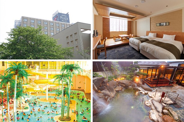 ホテル・天然温泉露天風呂・レジャープール・レストラン・リラクゼーション施設など多くの付帯施設を備える